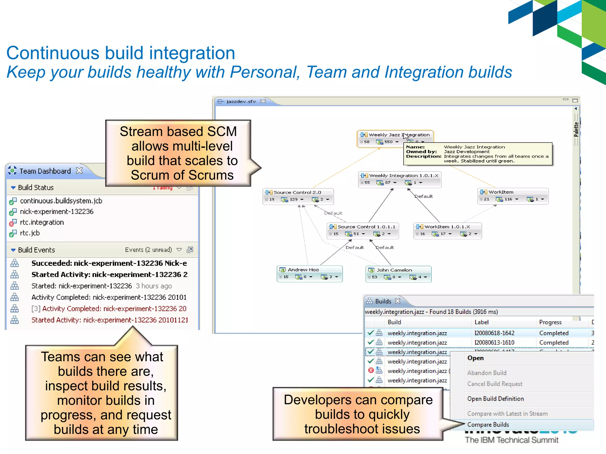 16
Continuous build integration
Keep your builds healthy with Personal, Team and Integration builds
Stream based SCM
allows multi-level
build that scales to
Scrum of Scrums
Teams can see what
builds there are,
inspect build results,
monitor builds in
progress, and request
builds at any time
Developers can compare
builds to quickly
troubleshoot issues
 