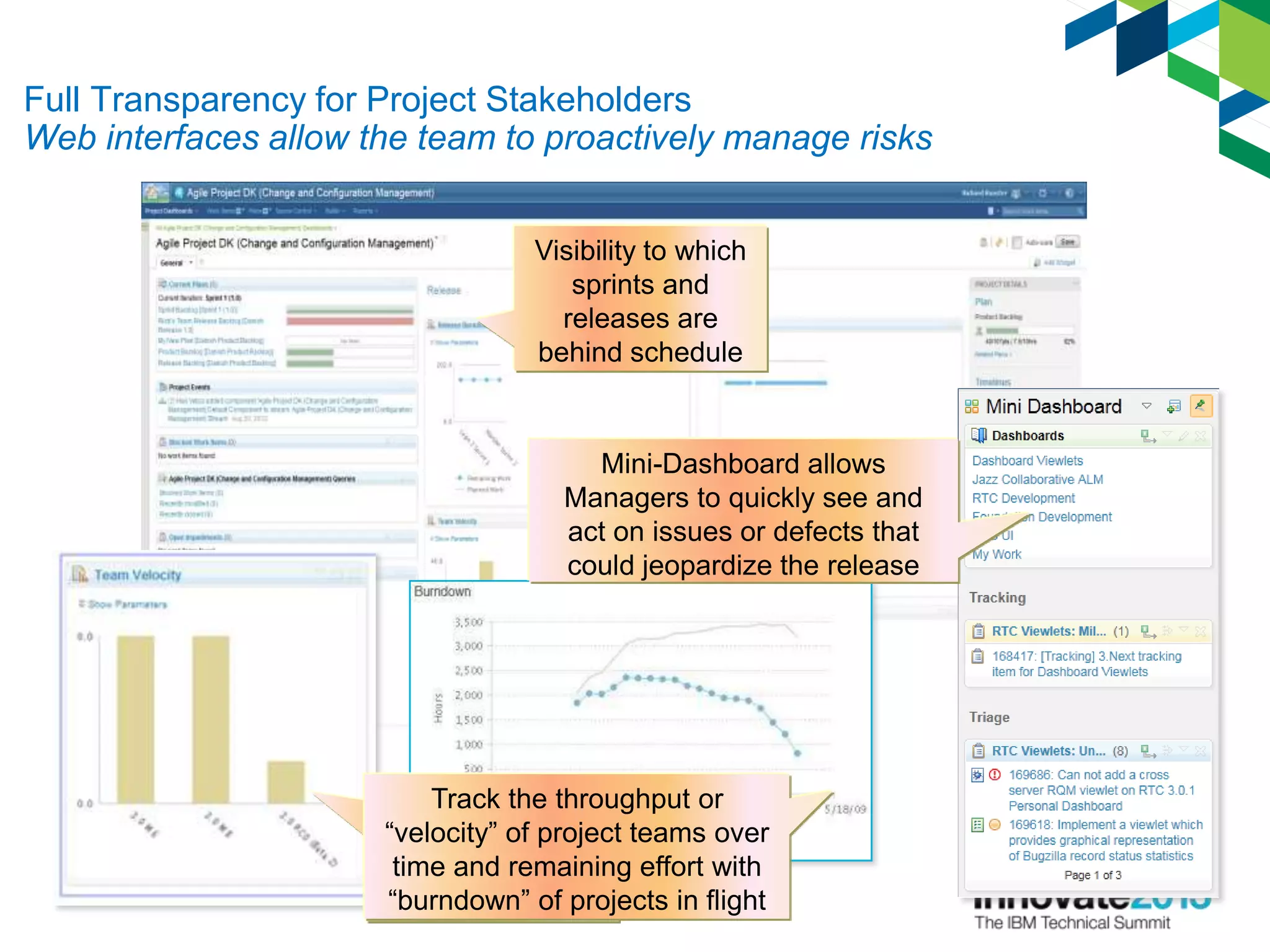 17
Full Transparency for Project Stakeholders
Web interfaces allow the team to proactively manage risks
Open Lifecycle Integration Platform
Mini-Dashboard allows
Managers to quickly see and
act on issues or defects that
could jeopardize the release
Track the
throughput or
“velocity” of
project teams
Visibility to which
sprints and
releases are
behind schedule
Track the throughput or
“velocity” of project teams over
time and remaining effort with
“burndown” of projects in flight
 