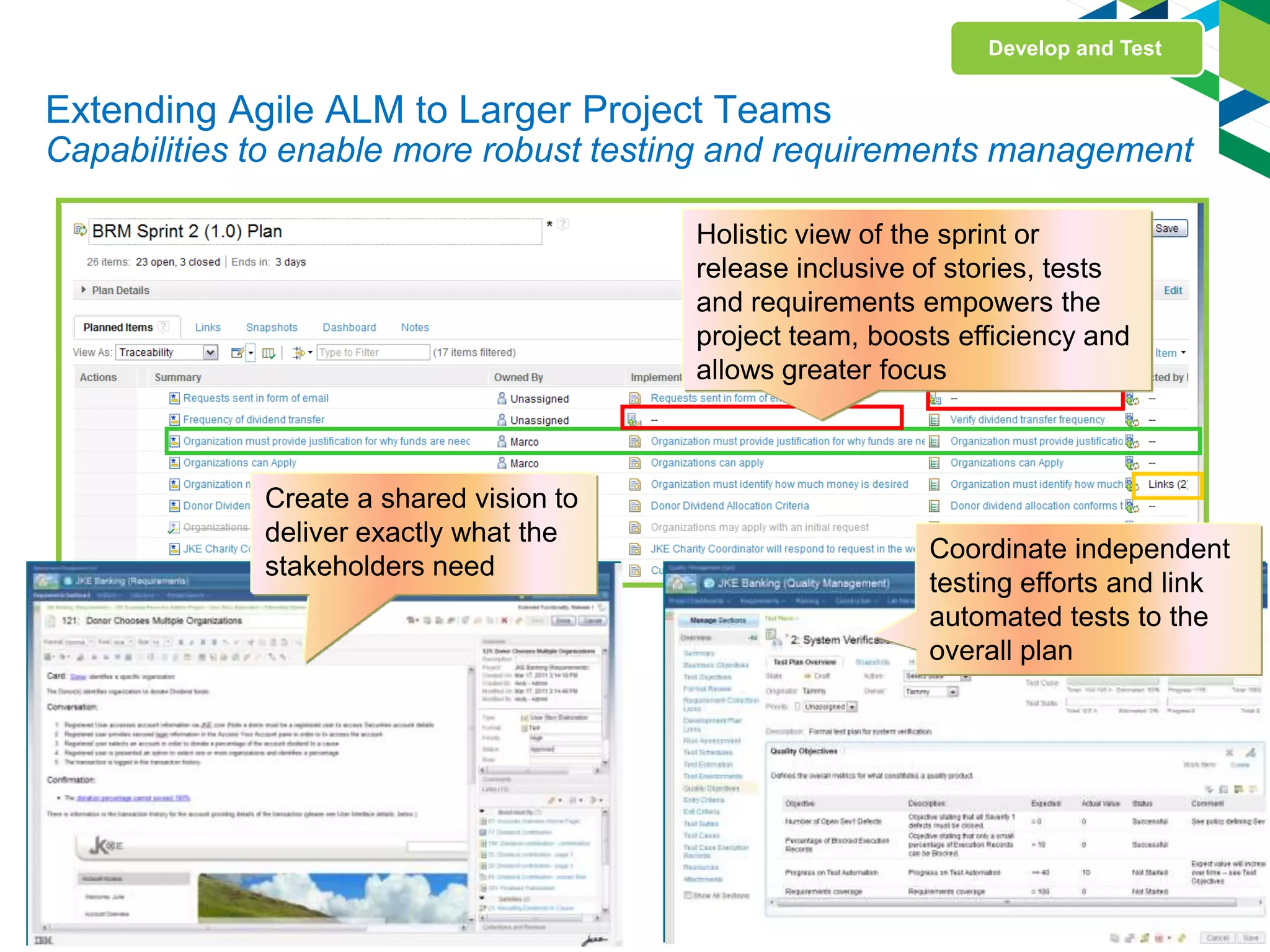 Extending Agile ALM to Larger Project Teams
Capabilities to enable more robust testing and requirements management
24
Create a shared vision to
deliver exactly what the
stakeholders need
Coordinate independent
testing efforts and link
automated tests to the
overall plan
Holistic view of the sprint or
release inclusive of stories, tests
and requirements empowers the
project team, boosts efficiency and
allows greater focus
Develop and Test
 