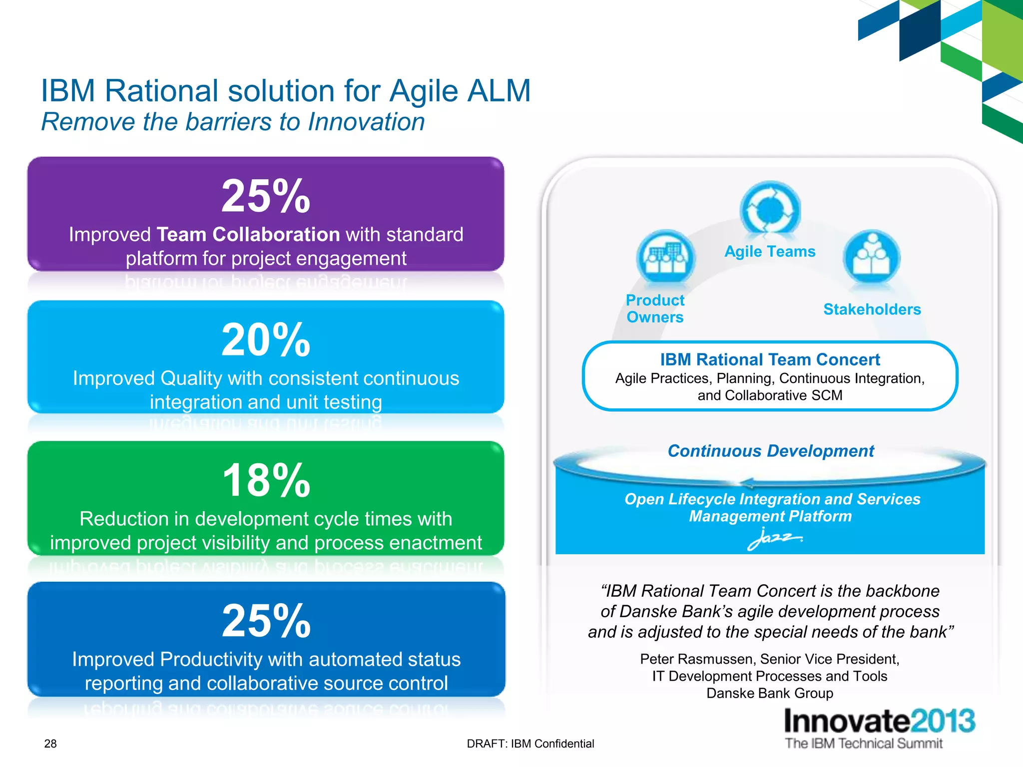 Open Lifecycle Integration and Services
Management Platform
28 DRAFT: IBM Confidential
Agile Teams
Stakeholders
Product
Owners
Continuous Development
IBM Rational Team Concert
Agile Practices, Planning, Continuous Integration,
and Collaborative SCM
IBM Rational solution for Agile ALM
Remove the barriers to Innovation
“IBM Rational Team Concert is the backbone
of Danske Bank’s agile development process
and is adjusted to the special needs of the bank”
Peter Rasmussen, Senior Vice President,
IT Development Processes and Tools
Danske Bank Group
25%
Improved Productivity with automated status
reporting and collaborative source control
25%
Improved Team Collaboration with standard
platform for project engagement
20%
Improved Quality with consistent continuous
integration and unit testing
18%
Reduction in development cycle times with
improved project visibility and process enactment
 