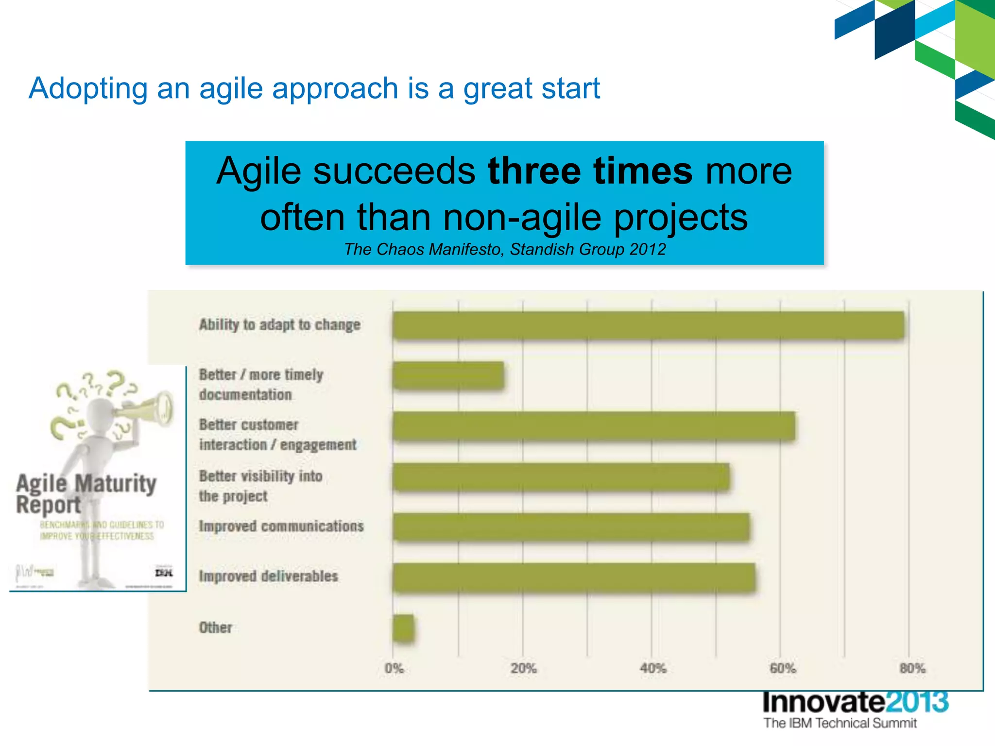 Adopting an agile approach is a great start
Agile succeeds three times more
often than non-agile projects
The Chaos Manifesto, Standish Group 2012
 