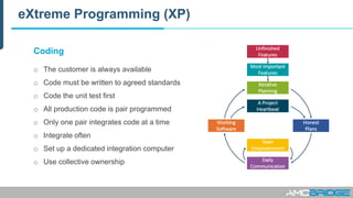 eXtreme Programming (XP)
Coding
o The customer is always available
o Code must be written to agreed standards
o Code the unit test first
o All production code is pair programmed
o Only one pair integrates code at a time
o Integrate often
o Set up a dedicated integration computer
o Use collective ownership
 