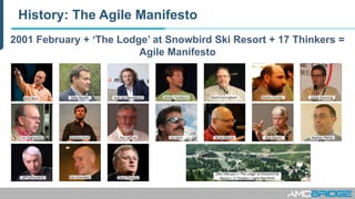 History: The Agile Manifesto
2001 February + ‘The Lodge’ at Snowbird Ski Resort + 17 Thinkers =
Agile Manifesto
 