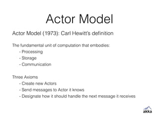 Actor Model
Actor Model (1973): Carl Hewitt’s deﬁnition
!
The fundamental unit of computation that embodies:
- Processing
- Storage
- Communication
!
Three Axioms
- Create new Actors
- Send messages to Actor it knows
- Designate how it should handle the next message it receives
 