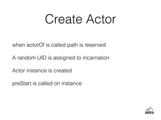 Create Actor
when actorOf is called path is reserved
!
A random UID is assigned to incarnation
!
Actor instance is created
!
preStart is called on instance
 