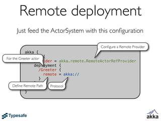 Remote deployment
    Just feed the ActorSystem with this conﬁguration

                                             Conﬁgure a Remote Provider
           akka {
For the Greeter actor {
              actor
                  provider = akka.remote.RemoteActorRefProvider
                  deployment {
                     /Greeter {
                       remote = akka://
                     }
                  }
    Deﬁne Remote Path
              }           Protocol
           }
 