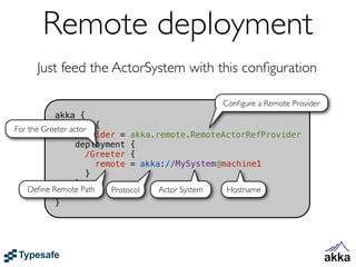 Remote deployment
    Just feed the ActorSystem with this conﬁguration

                                             Conﬁgure a Remote Provider
           akka {
For the Greeter actor {
              actor
                  provider = akka.remote.RemoteActorRefProvider
                  deployment {
                     /Greeter {
                       remote = akka://MySystem@machine1
                     }
                  }
    Deﬁne Remote Path
              }           Protocol  Actor System Hostname
           }
 