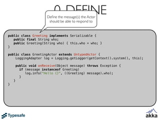 0. DEFINE
                        Deﬁne the message(s) the Actor
                         should be able to respond to


public class Greeting implements Serializable {
   public final String who;
   public Greeting(String who) { this.who = who; }
}

public class GreetingActor extends UntypedActor {
    LoggingAdapter log = Logging.getLogger(getContext().system(), this);

        public void onReceive(Object message) throws Exception {
          if (message instanceof Greeting)
             log.info("Hello {}", ((Greeting) message).who);
          }
    }
}
 