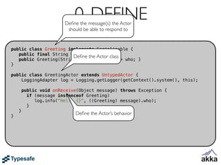 0. DEFINE
                        Deﬁne the message(s) the Actor
                         should be able to respond to


public class Greeting implements Serializable {
   public final String who;
                        Deﬁne the Actor class
   public Greeting(String who) { this.who = who; }
}

public class GreetingActor extends UntypedActor {
    LoggingAdapter log = Logging.getLogger(getContext().system(), this);

        public void onReceive(Object message) throws Exception {
          if (message instanceof Greeting)
             log.info("Hello {}", ((Greeting) message).who);
          }
    }
                            Deﬁne the Actor’s behavior
}
 