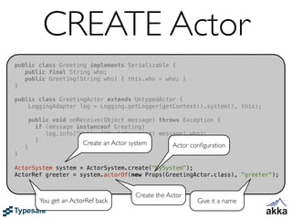 CREATE Actor
public class Greeting implements Serializable {
   public final String who;
   public Greeting(String who) { this.who = who; }
}

public class GreetingActor extends UntypedActor {
    LoggingAdapter log = Logging.getLogger(getContext().system(), this);

        public void onReceive(Object message) throws Exception {
          if (message instanceof Greeting)
             log.info("Hello {}", ((Greeting) message).who);
          }             Create an Actor system
    }                                              Actor conﬁguration
}

ActorSystem system = ActorSystem.create("MySystem");
ActorRef greeter = system.actorOf(new Props(GreetingActor.class), "greeter");


                                       Create the Actor
           You get an ActorRef back                        Give it a name
 