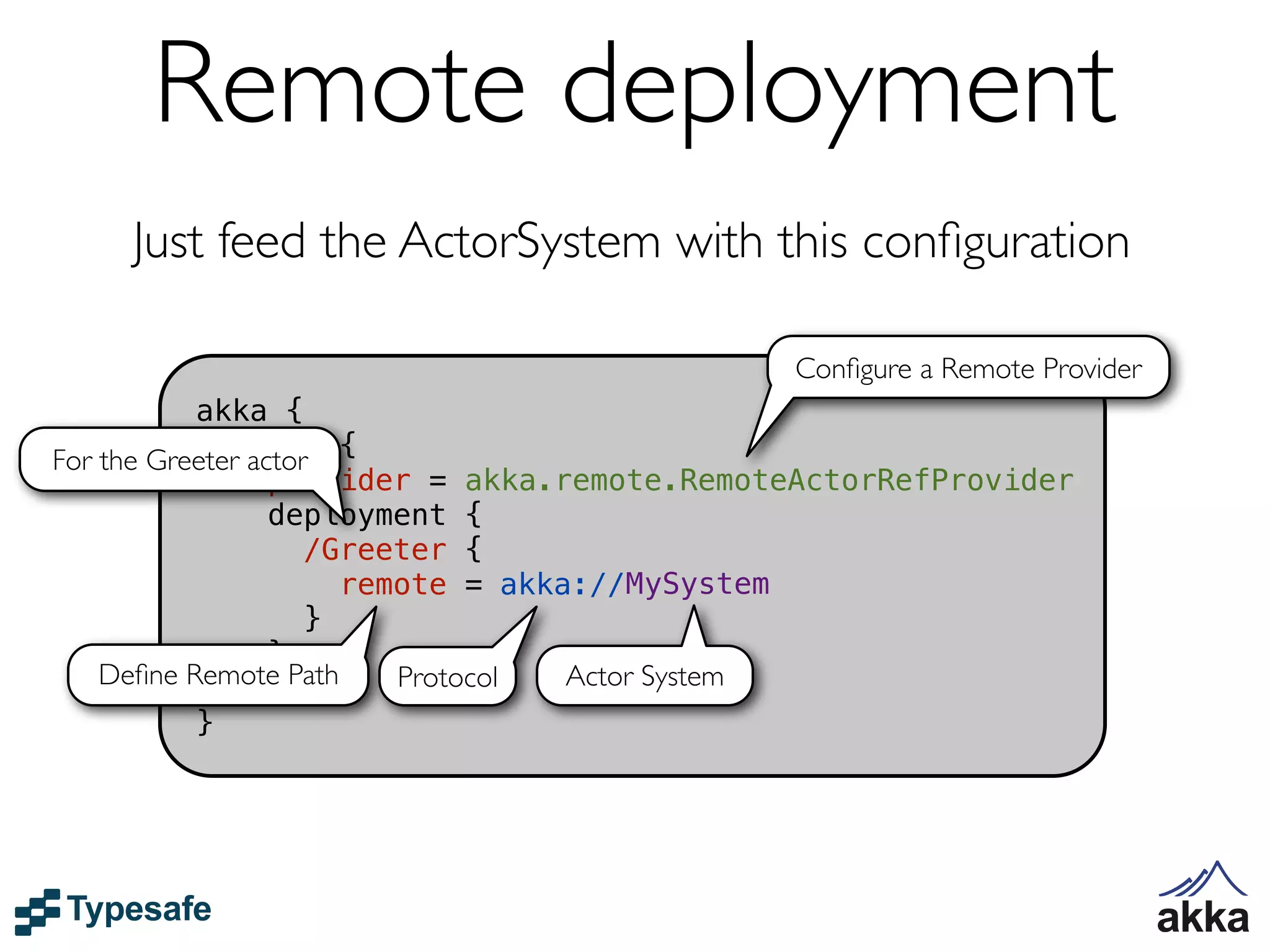Remote deployment
    Just feed the ActorSystem with this conﬁguration

                                             Conﬁgure a Remote Provider
           akka {
For the Greeter actor {
              actor
                  provider = akka.remote.RemoteActorRefProvider
                  deployment {
                     /Greeter {
                       remote = akka://MySystem
                     }
                  }
    Deﬁne Remote Path
              }           Protocol  Actor System
           }
 