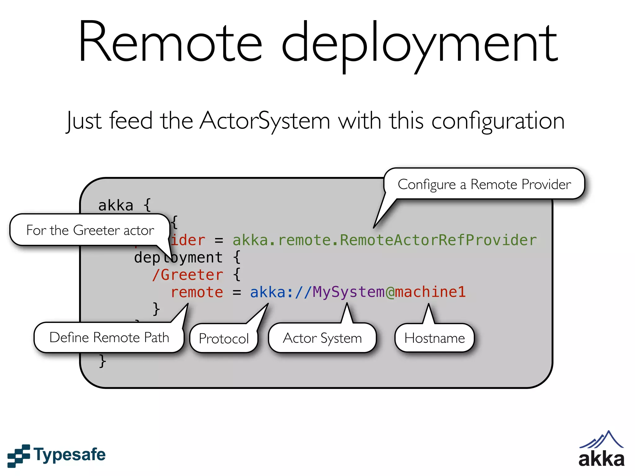 Remote deployment
    Just feed the ActorSystem with this conﬁguration

                                             Conﬁgure a Remote Provider
           akka {
For the Greeter actor {
              actor
                  provider = akka.remote.RemoteActorRefProvider
                  deployment {
                     /Greeter {
                       remote = akka://MySystem@machine1
                     }
                  }
    Deﬁne Remote Path
              }           Protocol  Actor System Hostname
           }
 