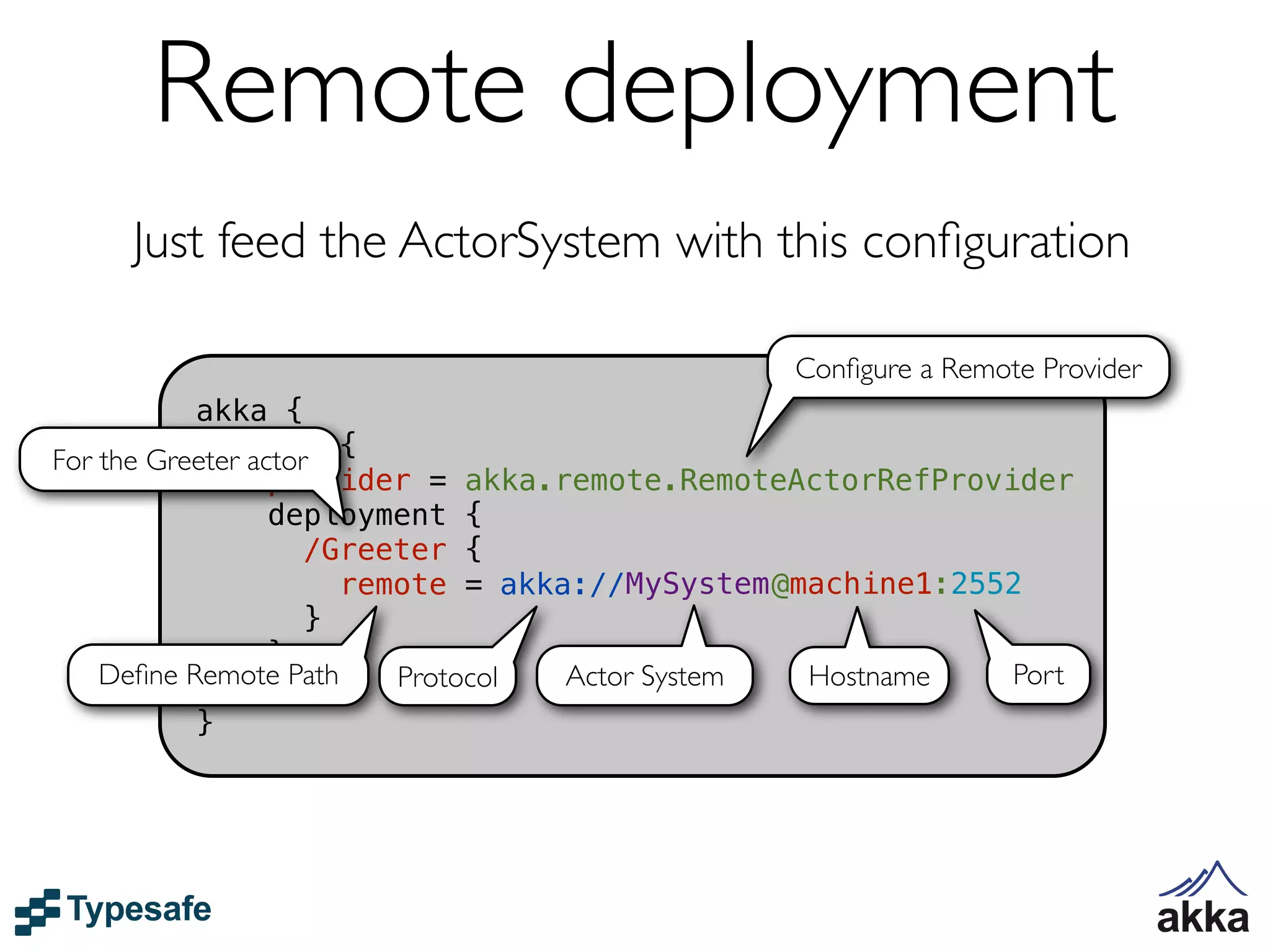 Remote deployment
     Just feed the ActorSystem with this conﬁguration

                                              Conﬁgure a Remote Provider
           akka {
For the Greeter actor {
              actor
                  provider = akka.remote.RemoteActorRefProvider
                  deployment {
                     /Greeter {
                       remote = akka://MySystem@machine1:2552
                     }
                  }
    Deﬁne Remote Path
              }           Protocol  Actor System Hostname   Port
           }
 