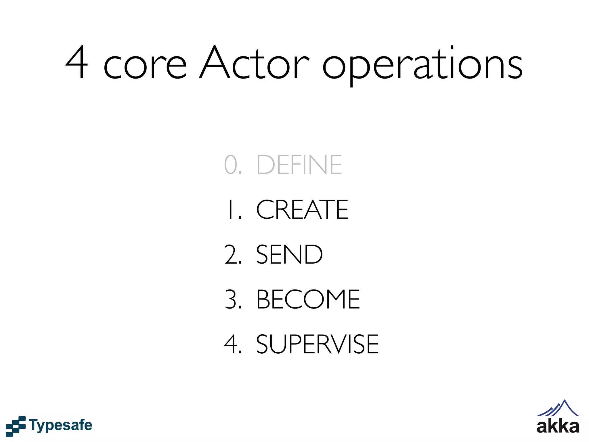 4 core Actor operations
       0. DEFINE
       1. CREATE
       2. SEND
       3. BECOME
       4. SUPERVISE
 