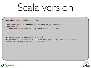 Scala version
case class Greeting(who: String)

class GreetingActor extends Actor with ActorLogging {
  def receive = {
    case Greeting(who) => log.info("Hello {}", who)
  }
}

val system = ActorSystem("MySystem")
val greeter = system.actorOf(Props[GreetingActor], name = "greeter")
greeter tell Greeting("Charlie Parker")
 