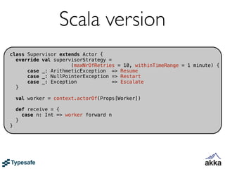 Scala version
class Supervisor extends Actor {
  override val supervisorStrategy =
                     (maxNrOfRetries = 10, withinTimeRange = 1 minute) {
      case _: ArithmeticException => Resume
      case _: NullPointerException => Restart
      case _: Exception             => Escalate
  }

    val worker = context.actorOf(Props[Worker])

    def receive = {
      case n: Int => worker forward n
    }
}
 