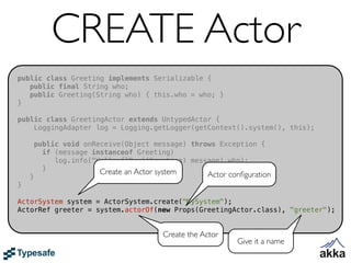 CREATE Actor
public class Greeting implements Serializable {
   public final String who;
   public Greeting(String who) { this.who = who; }
}

public class GreetingActor extends UntypedActor {
    LoggingAdapter log = Logging.getLogger(getContext().system(), this);

        public void onReceive(Object message) throws Exception {
          if (message instanceof Greeting)
             log.info("Hello {}", ((Greeting) message).who);
          }             Create an Actor system
    }                                              Actor conﬁguration
}

ActorSystem system = ActorSystem.create("MySystem");
ActorRef greeter = system.actorOf(new Props(GreetingActor.class), "greeter");


                                       Create the Actor
                                                           Give it a name
 