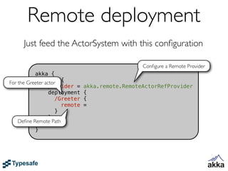 Remote deployment
     Just feed the ActorSystem with this conﬁguration

                                                  Conﬁgure a Remote Provider
           akka {
For the Greeter actor {
              actor
                  provider =    akka.remote.RemoteActorRefProvider
                  deployment    {
                     /Greeter   {
                       remote   =
                     }
                  }
    Deﬁne Remote Path
              }
           }
 