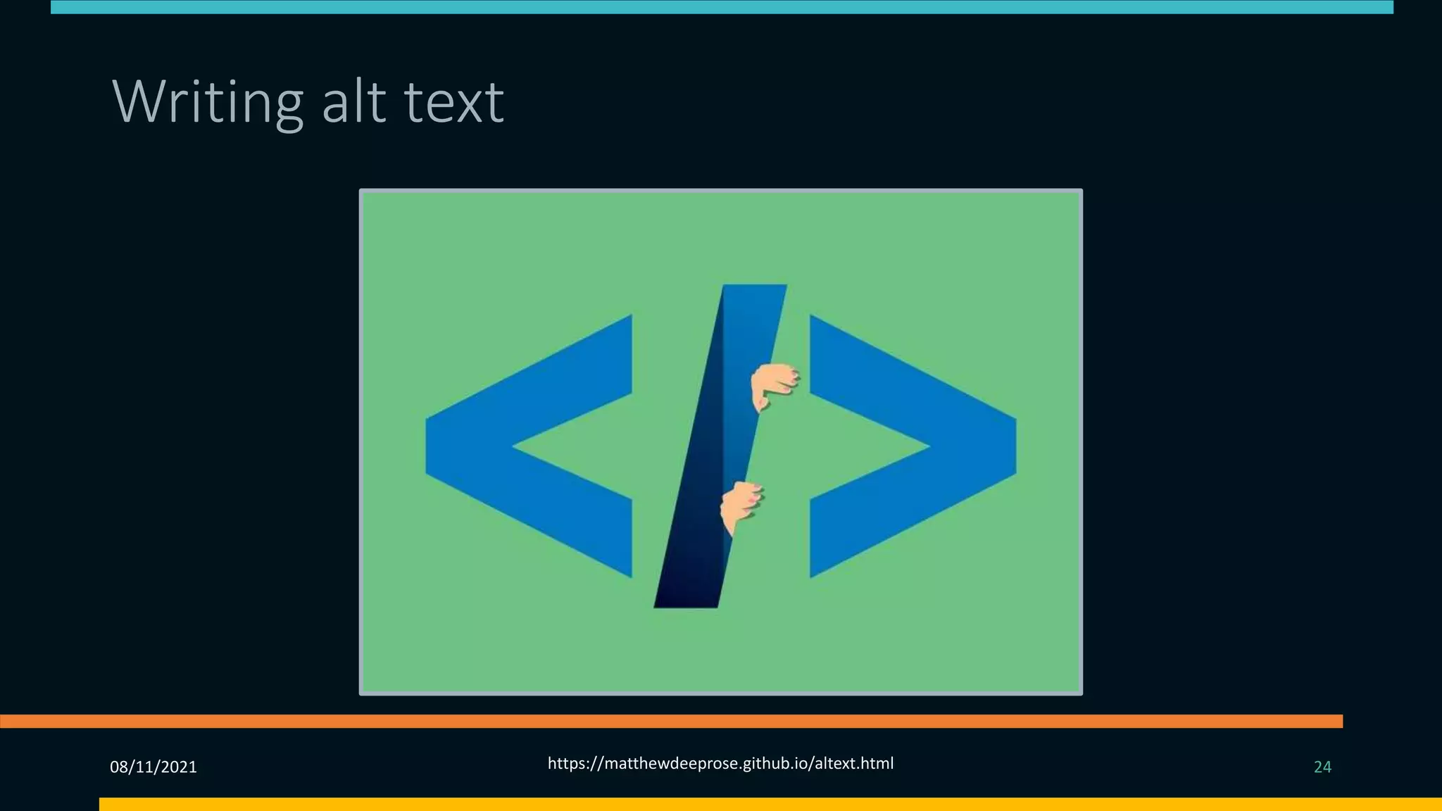 Writing alt text
08/11/2021 https://matthewdeeprose.github.io/altext.html 24
 