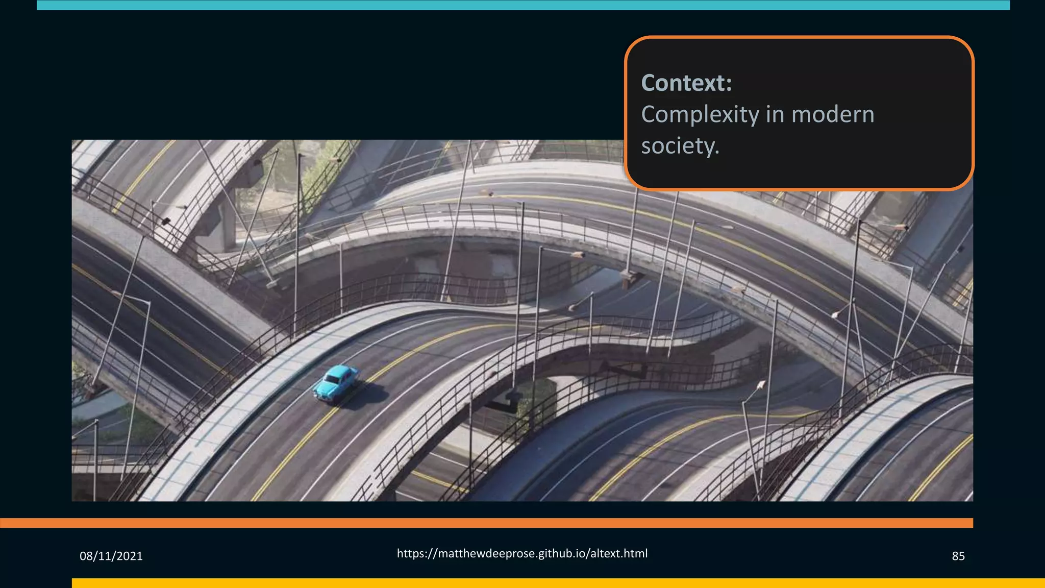 08/11/2021 https://matthewdeeprose.github.io/altext.html 85
Context:
Complexity in modern
society.
 