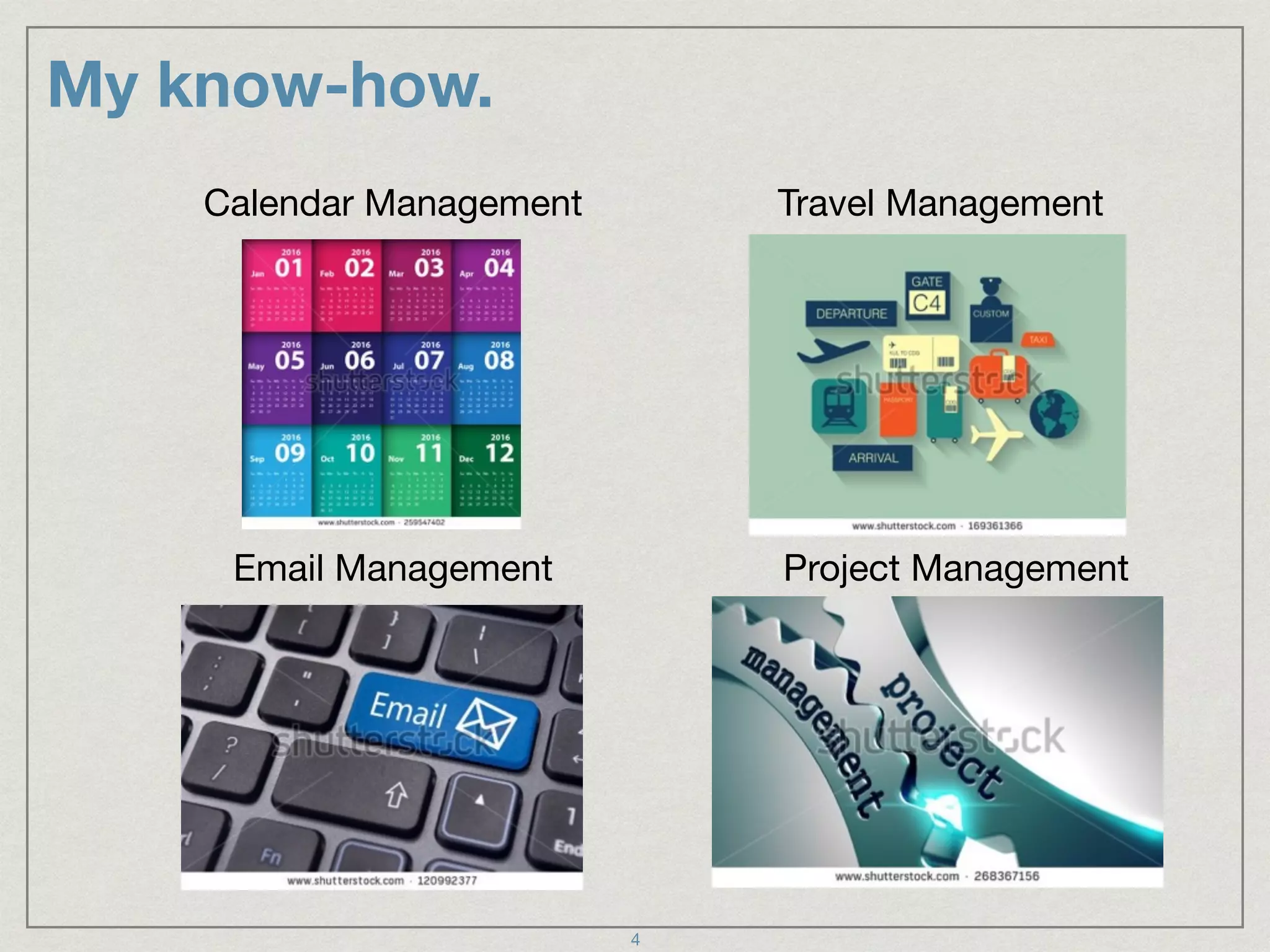 My know-how.
Calendar Management Travel Management
Email Management Project Management
4