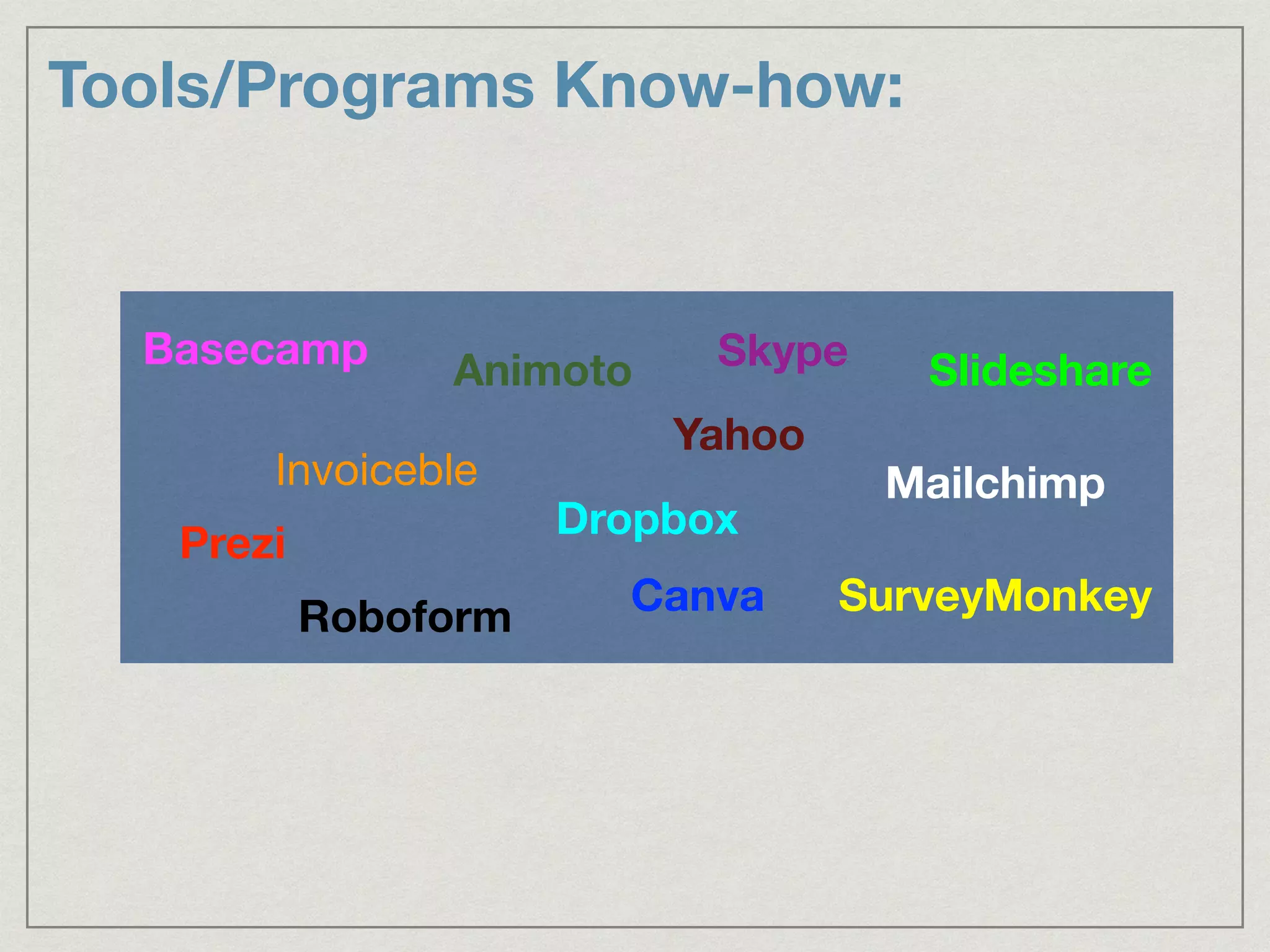 Tools/Programs Know-how:
Animoto
Dropbox
Slideshare
Canva
Basecamp
Mailchimp
SurveyMonkey
Prezi
Invoiceble
Roboform
Skype
Yahoo