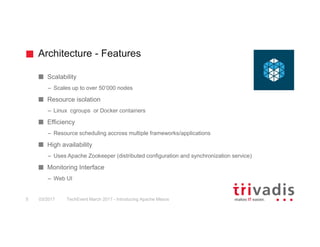 Architecture - Features
TechEvent March 2017 - Introducing Apache Mesos5 03/2017
Scalability
– Scales up to over 50‘000 nodes
Resource isolation
– Linux cgroups or Docker containers
Efficiency
– Resource scheduling accross multiple frameworks/applications
High availability
– Uses Apache Zookeeper (distributed configuration and synchronization service)
Monitoring Interface
– Web UI
 