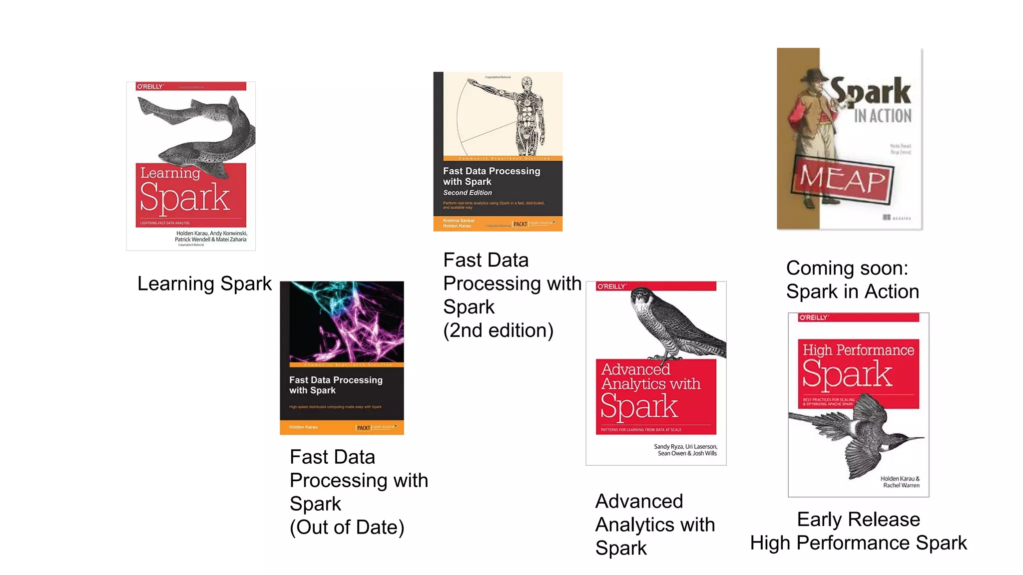 Learning Spark Fast Data Processing with Spark (Out of Date) Fast Data Processing with Spark (2nd edition) Advanced Analytics with Spark Coming soon: Spark in Action Early Release High Performance Spark 