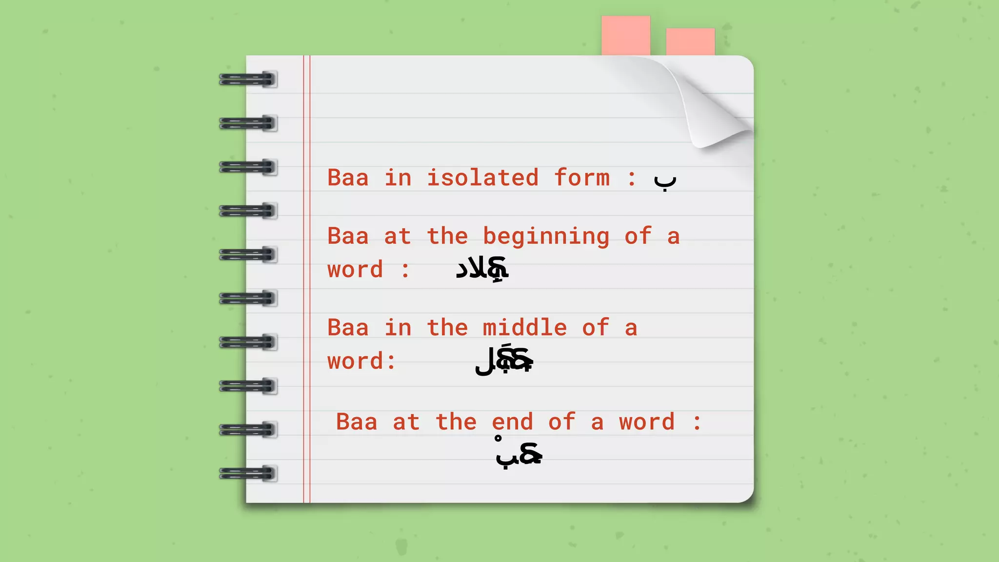 Baa in isolated form : ‫ب‬
Baa at the beginning of a
word : ‫ﻼد‬ ِ‫ﺑ‬
Baa in the middle of a
word: ‫ﻞ‬ َ‫ﺒ‬ ‫ﺟ‬
Baa at the end of a word :
ْ‫ﺐ‬ ‫ﺣ‬
 