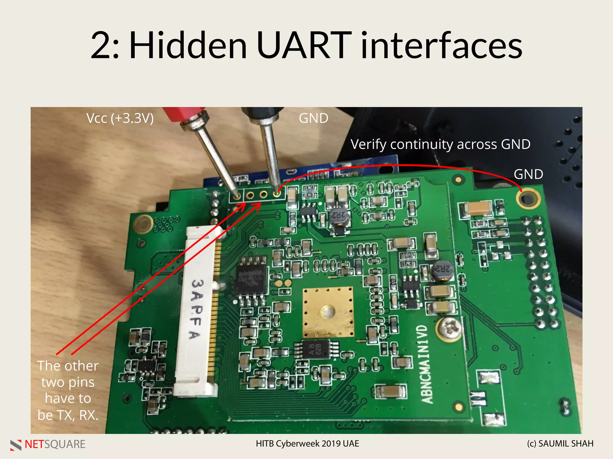 NETSQUARE (c) SAUMIL SHAHHITB Cyberweek 2019 UAE
2: Hidden UART interfaces
Vcc (+3.3V) GND
The other
two pins
have to
be TX, RX.
GND
Verify continuity across GND
 