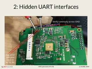 NETSQUARE (c) SAUMIL SHAHHITB Cyberweek 2019 UAE
2: Hidden UART interfaces
Vcc (+3.3V) GND
The other
two pins
have to
be TX, RX.
GND
Verify continuity across GND
 