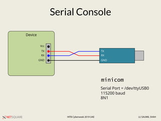 NETSQUARE (c) SAUMIL SHAHHITB Cyberweek 2019 UAE
Serial Console
Device
GND
TX
RX
GND
TX
RX
minicom
Serial Port = /dev/ttyUSB0
115200 baud
8N1
Vcc
 