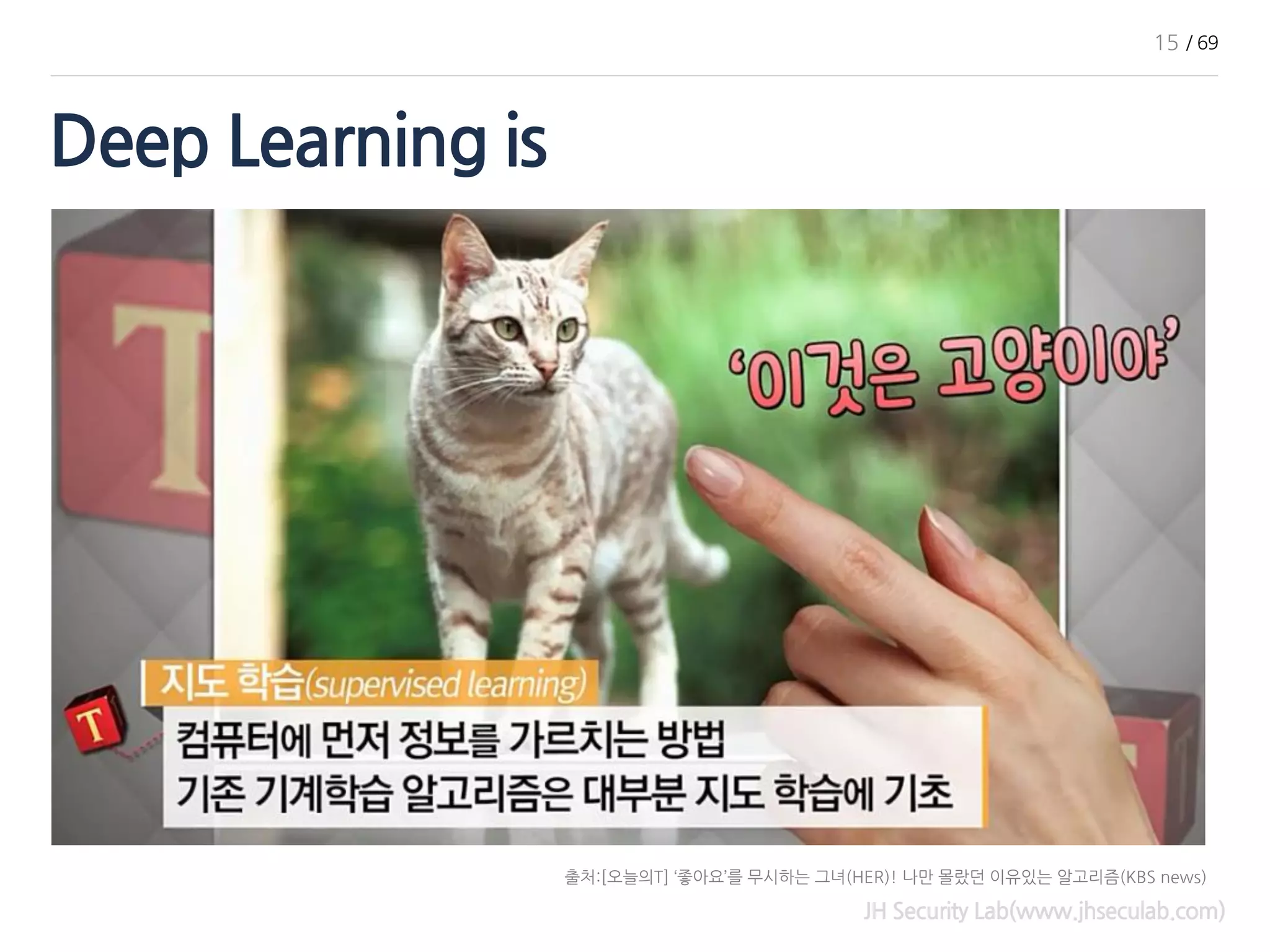 Deep Learning is
JH Security Lab(www.jhseculab.com)
출처:[오늘의T] ‘좋아요’를 무시하는 그녀(HER)! 나만 몰랐던 이유있는 알고리즘(KBS news)
15 / 69
 