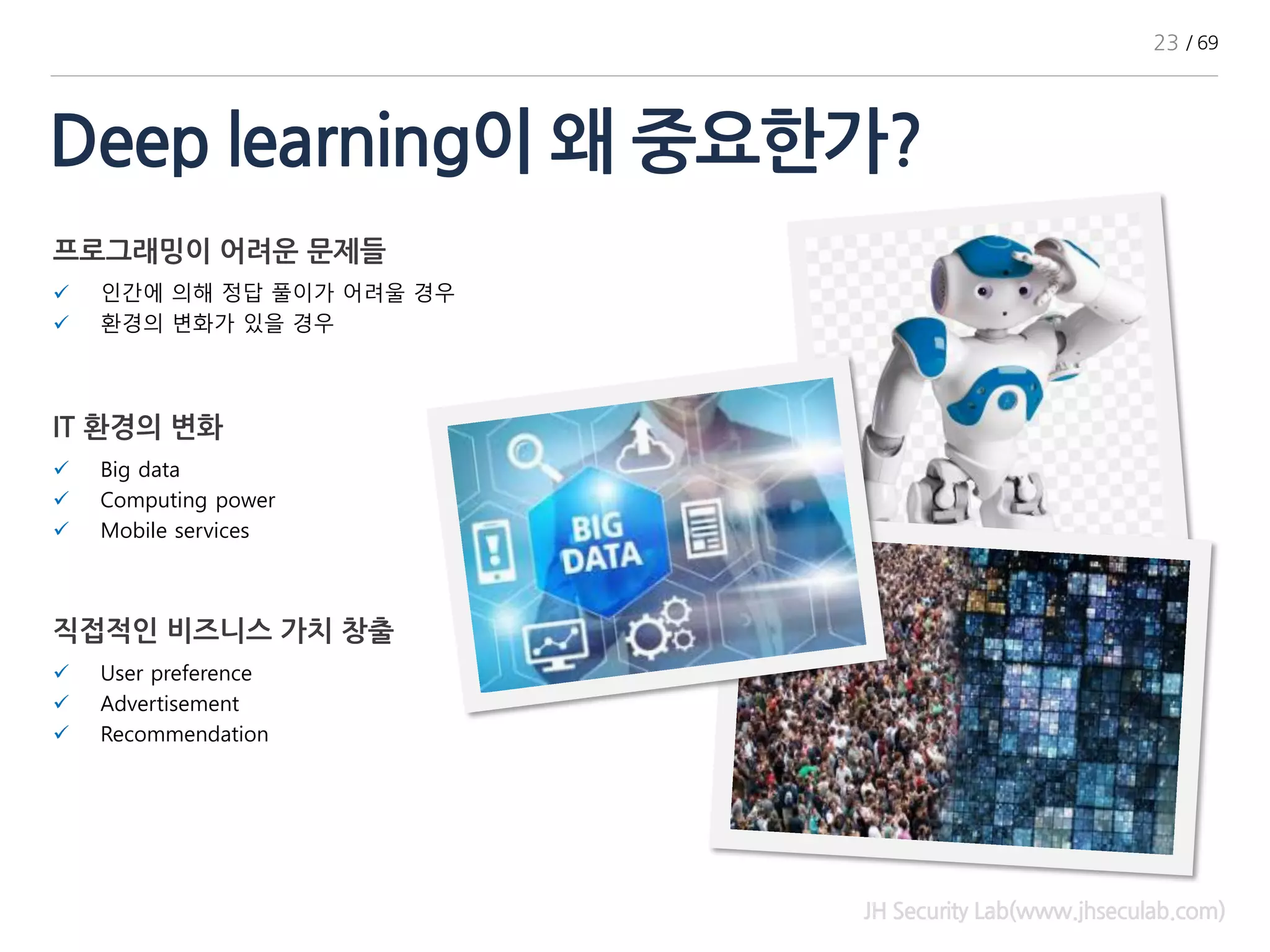 Deep learning이 왜 중요한가?
프로그래밍이 어려운 문제들
✓ 인간에 의해 정답 풀이가 어려울 경우
✓ 환경의 변화가 있을 경우
JH Security Lab(www.jhseculab.com)
IT 환경의 변화
✓ Big data
✓ Computing power
✓ Mobile services
직접적인 비즈니스 가치 창출
✓ User preference
✓ Advertisement
✓ Recommendation
23 / 69
 