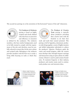 INTRODUCTION




The second two pairings sit at the extremities of the horizontal “nature of the task” dimension.



                     The Conductor & Orchestra                             The Producer & Creative
                     pairing is based on highly                            Team pairing is typically
                     scripted and clearly deﬁned                           about producers providing
                     roles that focus on precision                         their creative team with the
                     and efﬁciency in execution                            freedom to do their best
as deﬁned by the conductor. The orchestra              work and reach their natural potential. This
members, who have similar backgrounds, need            pairing is led by legendary, charismatic produc-
to be fully trained to comply with the require-        ers who bring together a team of highly inventive
ments of the job, and, therefore, must be care-        and skilled independent individuals to achieve
fully selected to ensure they ﬁt the strict culture    the producers’ objective. Producers guide the
and scripted tasks. Belonging to the orchestra         vision and overall progress, while the creative
provides members with the best way to make a           team develops ideas through frequent meetings
living while focusing on tasks at which they           and interactions using an open culture of collab-
excel.                                                 oration. Dissent is used to push creative bound-
                                                       aries. To maintain longevity in their industry,
                                                       producers and creative teams need to continu-
                                                       ously produce new and innovative ideas.



                           Medco Health Solutions’                               Cirque du Soleil’s show
                           protocol-driven pharmacy                              creation process is a great
                           is a great example of the                             example of the Producer
                           Conductor & Orchestra                                 & Creative Team archetype.
                           archetype.




                                                                                                         15
 