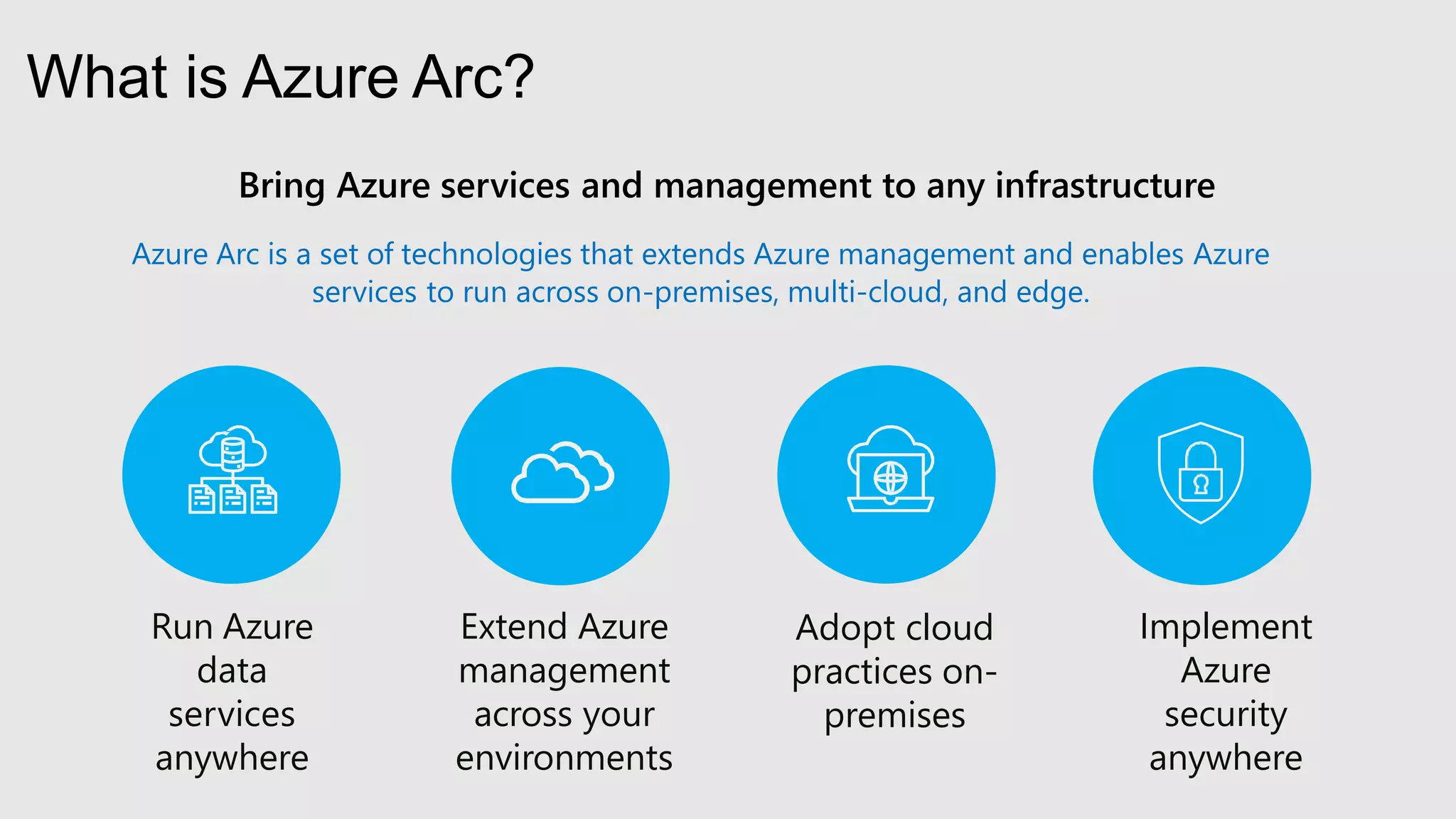 What is Azure Arc?
Bring Azure services and management to any infrastructure
Azure Arc is a set of technologies that extends Azure management and enables Azure
services to run across on-premises, multi-cloud, and edge.
Run Azure
data
services
anywhere
Extend Azure
management
across your
environments
Implement
Azure
security
anywhere
Adopt cloud
practices on-
premises
 