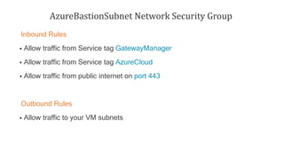 AzureBastionSubnet Network Security Group
Inbound Rules
 Allow traffic from Service tag GatewayManager
 Allow traffic from Service tag AzureCloud
 Allow traffic from public internet on port 443
Outbound Rules
 Allow traffic to your VM subnets
 