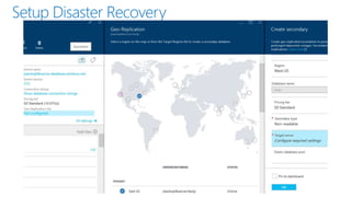 Designed for predictable performance
Across Basic, Standard, and Premium, each performance level is
assigned a defined level of throughput
Introducing the Database Transaction Unit (DTU) which
represents database power and replaces hardware specs
Redefined
Measure of
power
% CPU
% read % write
% memory
Basic — 5 DTU S0 — 10 DTU
S1 — 20 DTU
S2 — 50 DTU
S3 — 100 DTU
DTU is defined by the bounding box for the
resources required by a database workload and
measures power across the six performance levels.
P1 — 125 DTU
P2 — 250 DTU
P4 — 500 DTU
P6 — 1,000 DTU
P11 — 1,750 DTU
P15 — 4,000 DTU
 