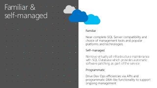 Familiar &
self-managed
Remove virtually all infrastructure maintenance
with SQL Database which provides automatic
software patching as part of the service
 