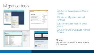 SQL Server Management Studio
(SSMS)
SQL Azure Migration Wizard
(SAMW)
SQL Server Data Tools in Visual
Studio
SQL Server 2016 Upgrade Advisor
Preview
Migration tools
My blog:
Migrate from on-prem SQL server to Azure
SQL Database
 