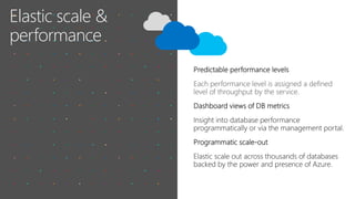 Azure SQL Database
The developer’s intelligent cloud-database service
• Built for application developers
• Lets you focus on your business application
• Accelerates your time to market
• Built-in advisors learn your app’s unique
characteristics; adapts to maximize
performance, reliability, and data protection
• Helps you build secure apps and connect
to your database by supporting the languages
and platforms that you prefer
 