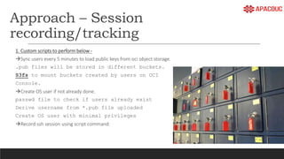 Approach – Session
recording/tracking
1. Custom scripts to perform below -
Sync users every 5 minutes to load public keys from oci object storage.
.pub files will be stored in different buckets.
S3fs to mount buckets created by users on OCI
Console.
Create OS user if not already done.
passwd file to check if users already exist
Derive username from *.pub file uploaded
Create OS user with minimal privileges
Record ssh session using script command.
 