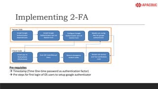 Implementing 2-FA
Pre-requisites
 Timestamp (Time One-time password as authentication factor)
 Pre-steps for first login of OS users to setup google authenticator
 