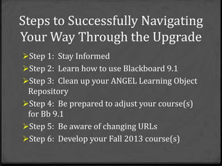 Steps to Successfully Navigating
Your Way Through the Upgrade
Step 1: Stay Informed
Step 2: Learn how to use Blackboard 9.1
Step 3: Clean up your ANGEL Learning Object
 Repository
Step 4: Be prepared to adjust your course(s)
 for Bb 9.1
Step 5: Be aware of changing URLs
Step 6: Develop your Fall 2013 course(s)
 