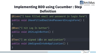 Implementing BDD using Cucumber : Step
Definition
 