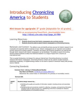 Chronically America Introducing Chronicling America to Students Lesson Plan | PDF
