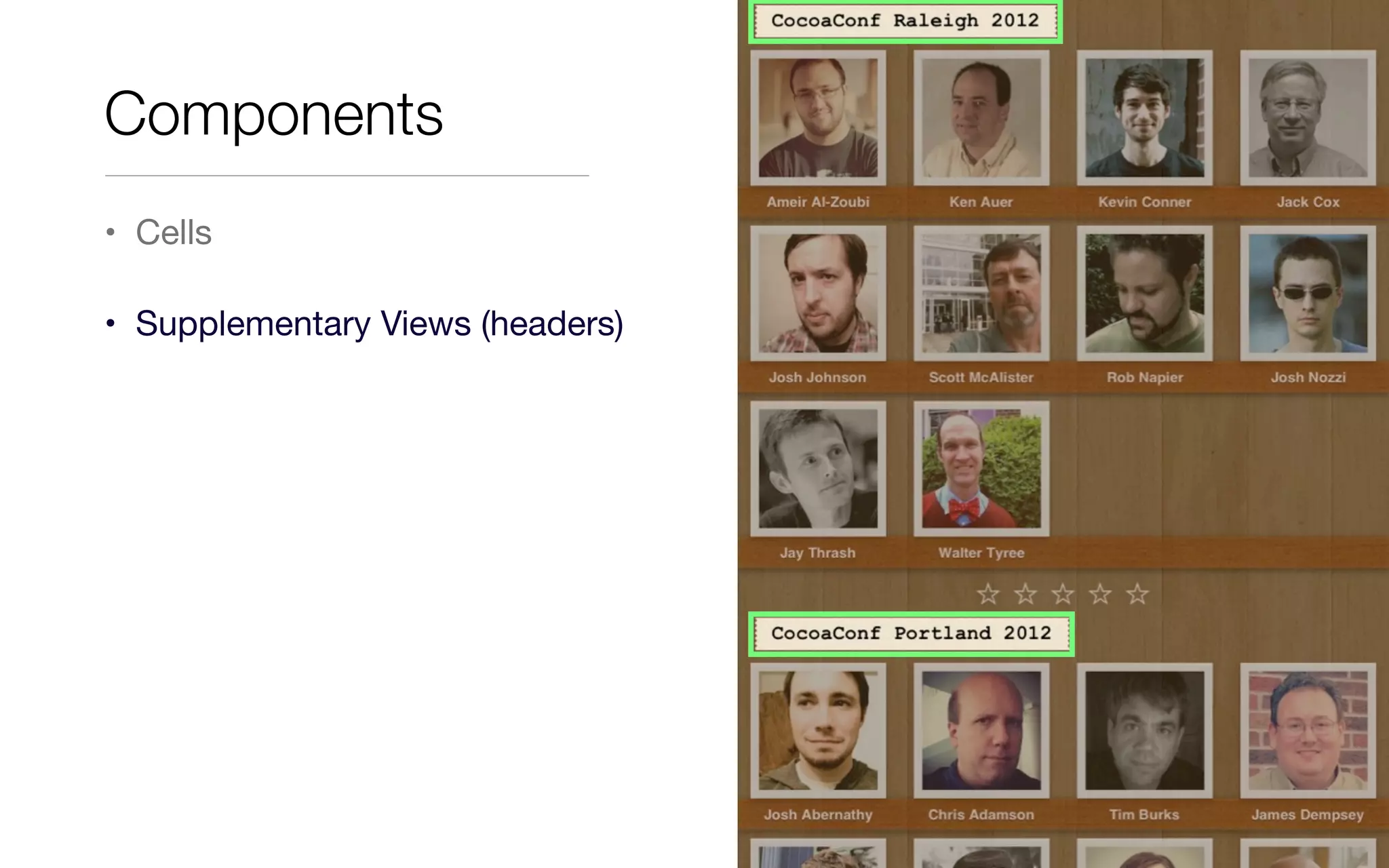 • Cells
• Supplementary Views (headers)
Components
 