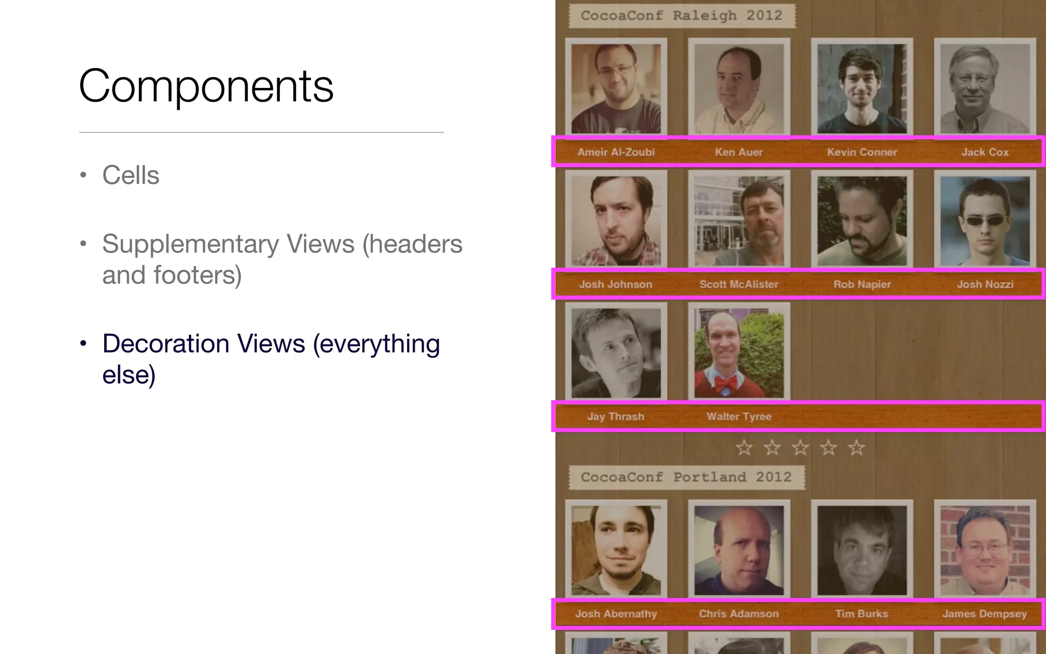 • Cells
• Supplementary Views (headers
and footers)
• Decoration Views (everything
else)
Components
 