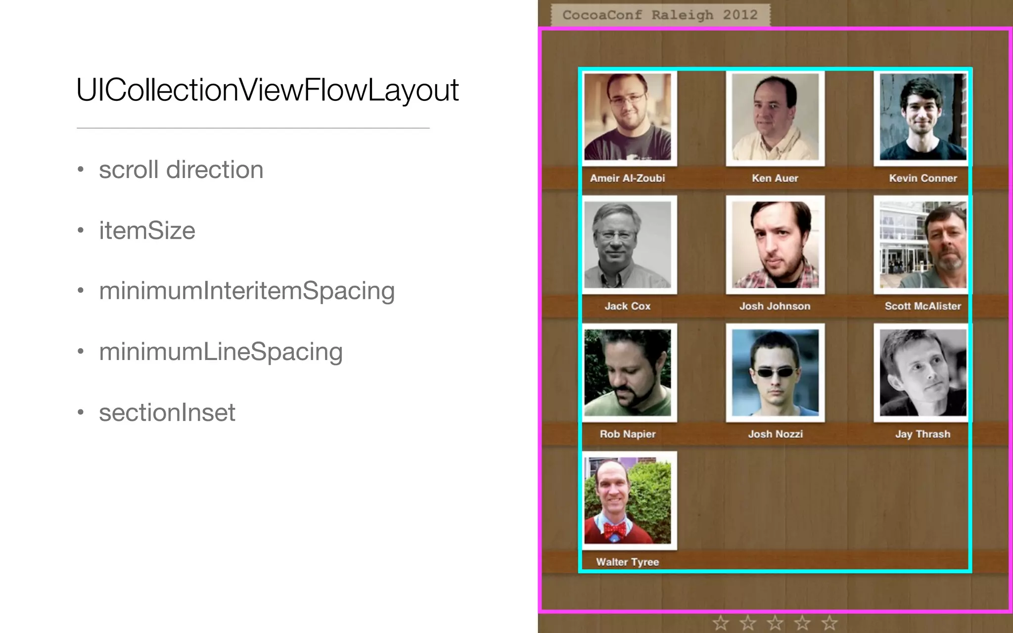 UICollectionViewFlowLayout
• scroll direction
• itemSize
• minimumInteritemSpacing
• minimumLineSpacing
• sectionInset
 
