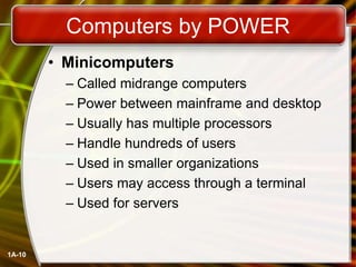 1A-10
Computers by POWER
• Minicomputers
– Called midrange computers
– Power between mainframe and desktop
– Usually has multiple processors
– Handle hundreds of users
– Used in smaller organizations
– Users may access through a terminal
– Used for servers
 